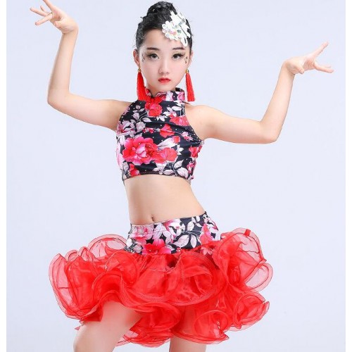 Kids latin dresses floral royal blue red competition stage performance salsa chacha modern dance dresses